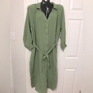 Old Navy Womens Cotton Button Front Midi Dress Green Gauzy Tie Belt Size 2XL